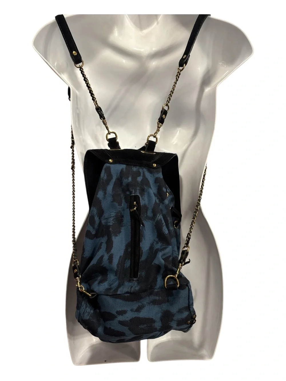 Jerome Dreyfuss Black Suede and Blue Leopard-Print Backpack with Gold accents